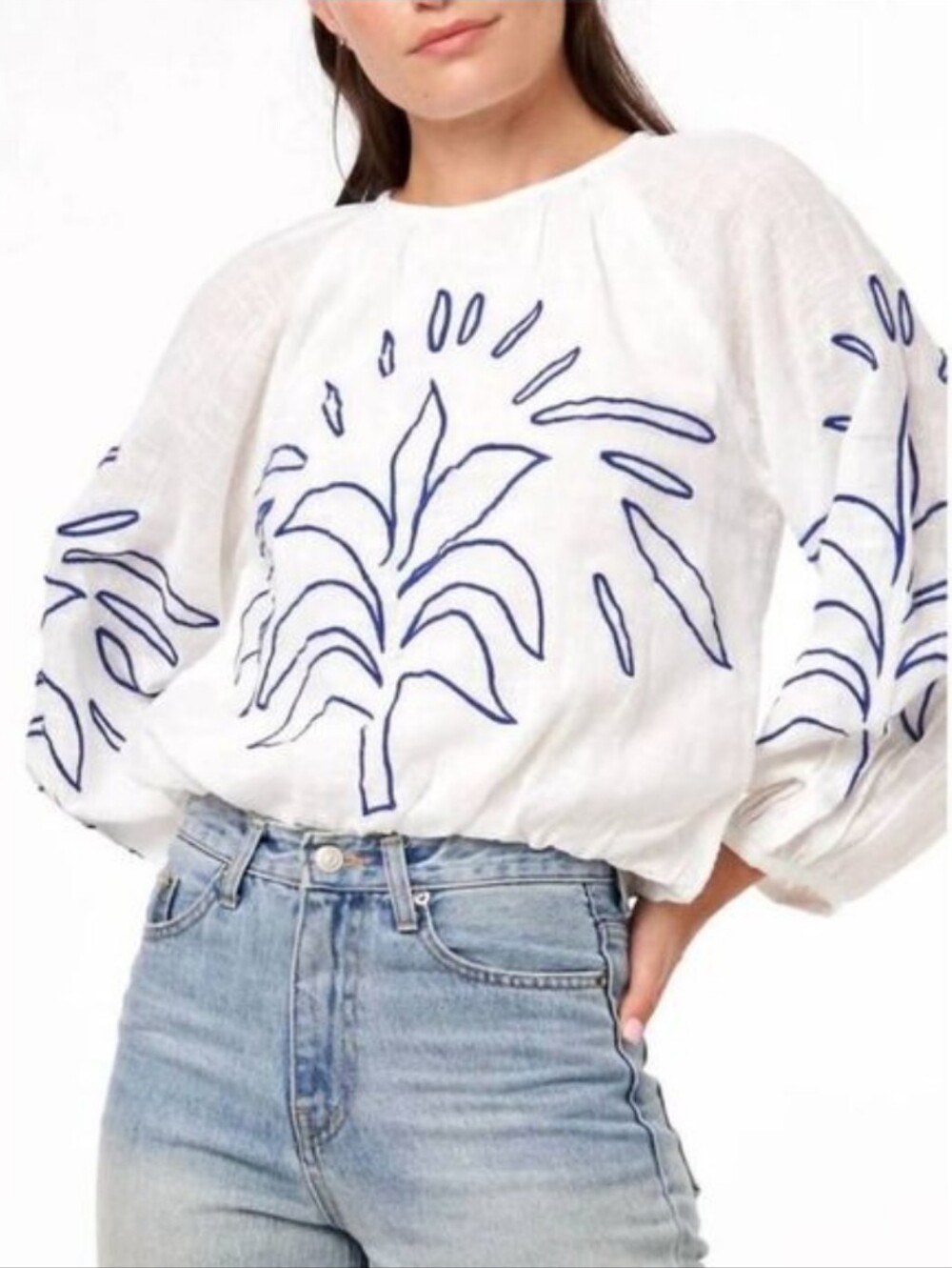 Ciebon Ginny Embroidered Bishop Sleeve Blouse Resort Italian Coast White Blue XS